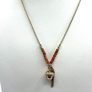 SAQ Gold Tone Acorn Pendant Necklace With Amber Beads Cottagecore Boho Jewelry